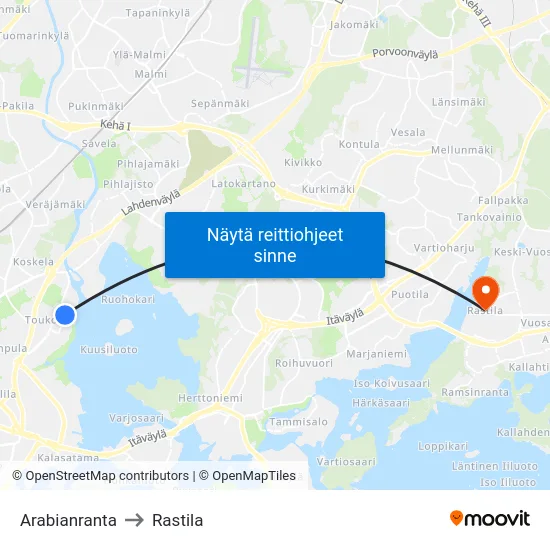 Arabianranta to Rastila map