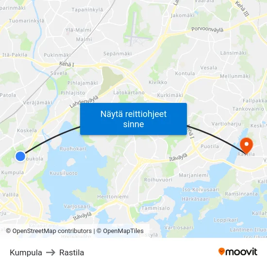Kumpula to Rastila map