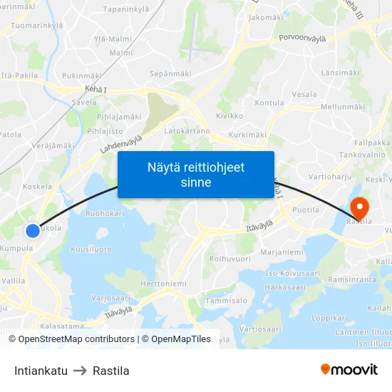 Intiankatu to Rastila map