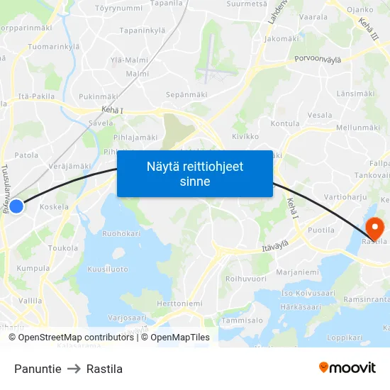 Panuntie to Rastila map