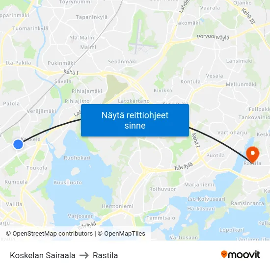 Koskelan Sairaala to Rastila map