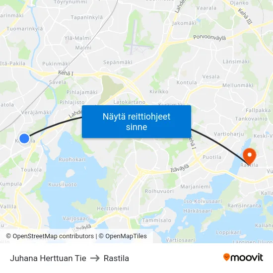 Juhana Herttuan Tie to Rastila map