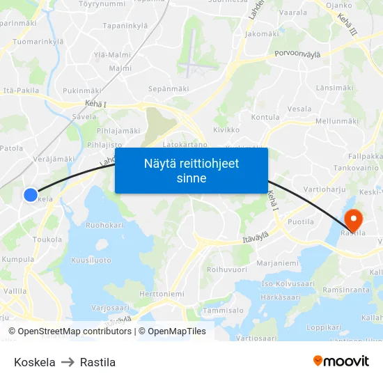 Koskela to Rastila map