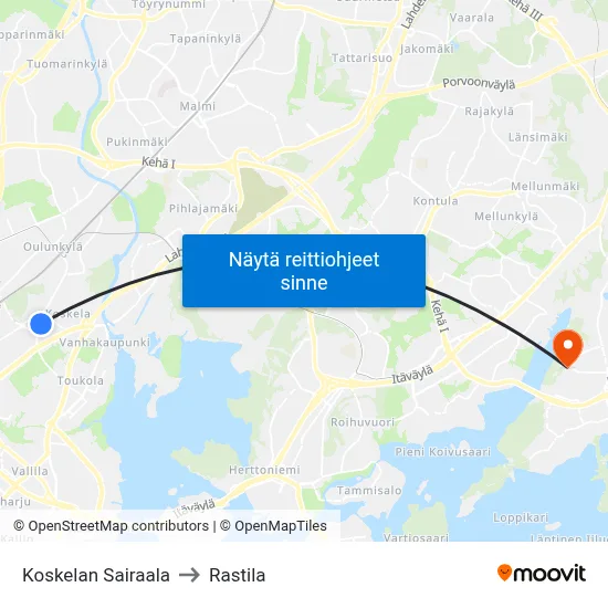 Koskelan Sairaala to Rastila map
