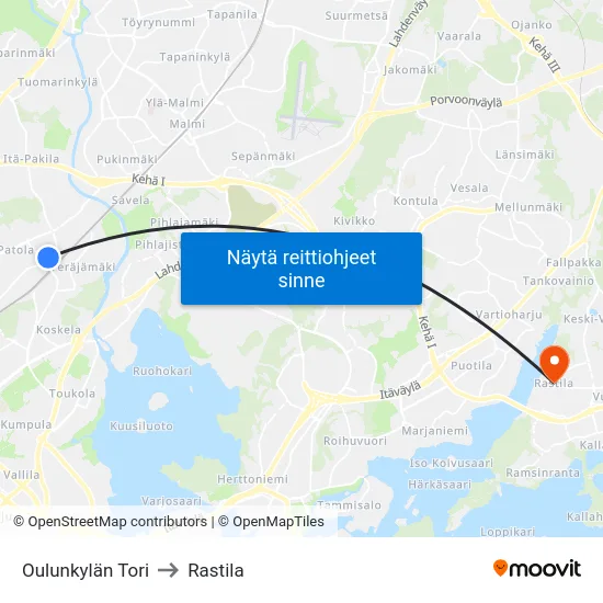 Oulunkylän Tori to Rastila map