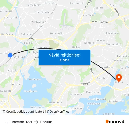 Oulunkylän Tori to Rastila map