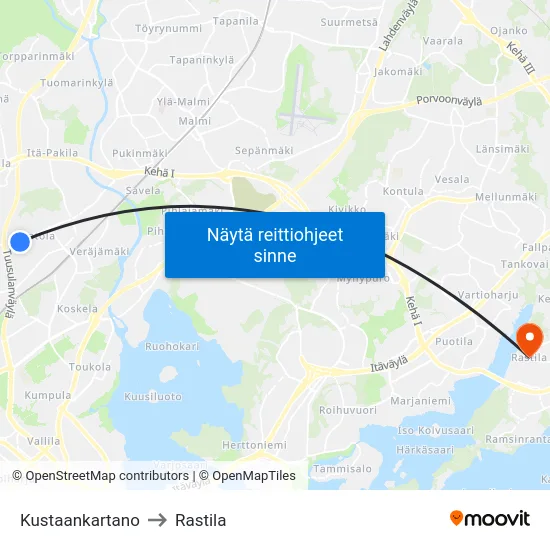 Kustaankartano to Rastila map