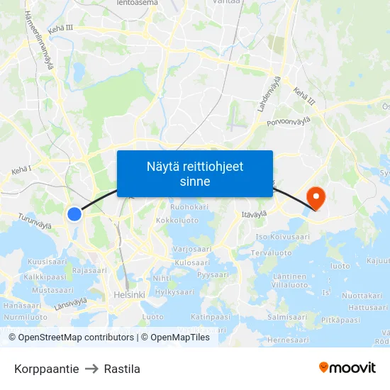 Korppaantie to Rastila map