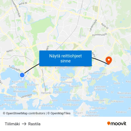Tiilimäki to Rastila map