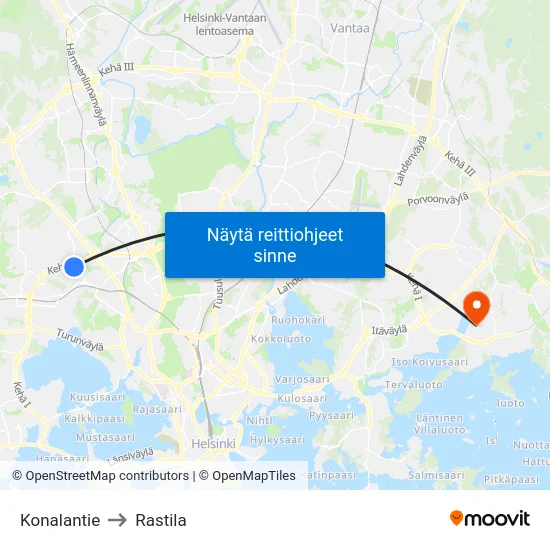 Konalantie to Rastila map