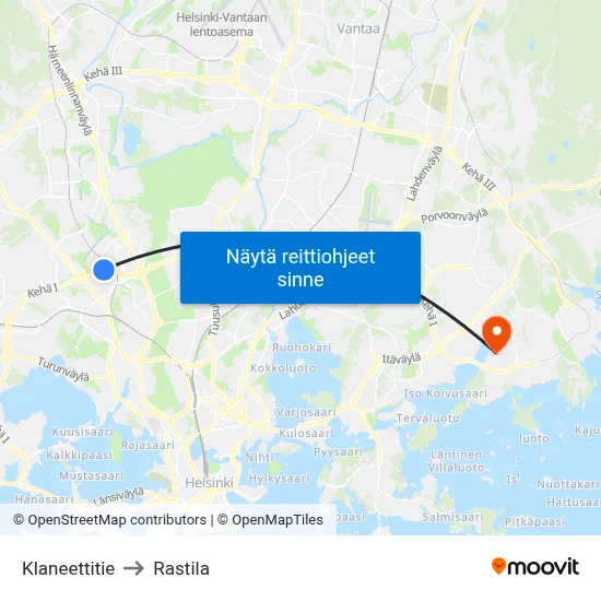 Klaneettitie to Rastila map
