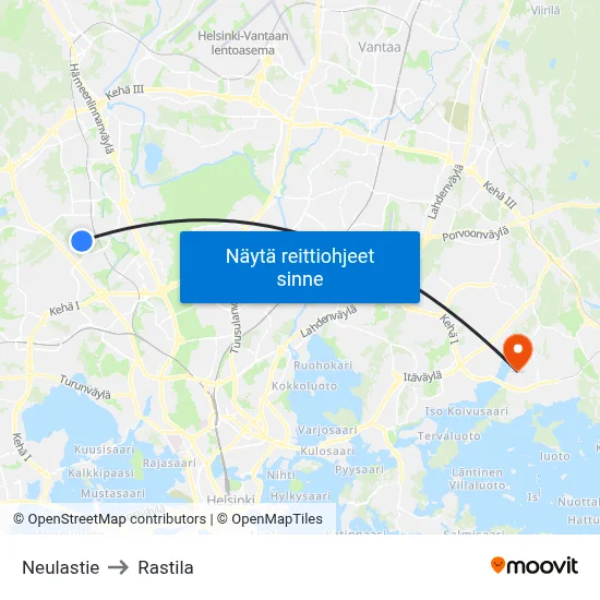 Neulastie to Rastila map