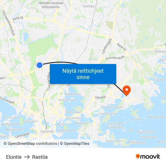 Elontie to Rastila map