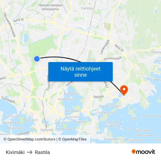 Kivimäki to Rastila map