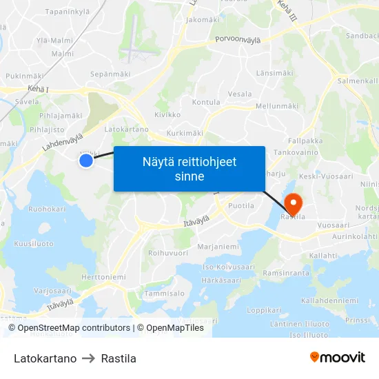 Latokartano to Rastila map