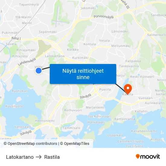 Latokartano to Rastila map