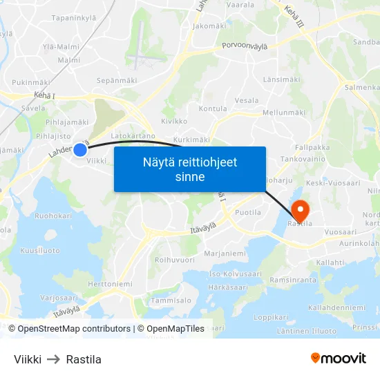 Viikki to Rastila map