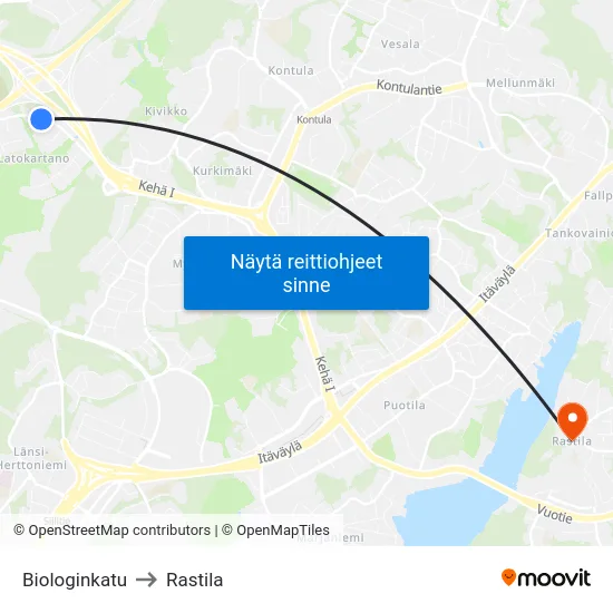 Biologinkatu to Rastila map