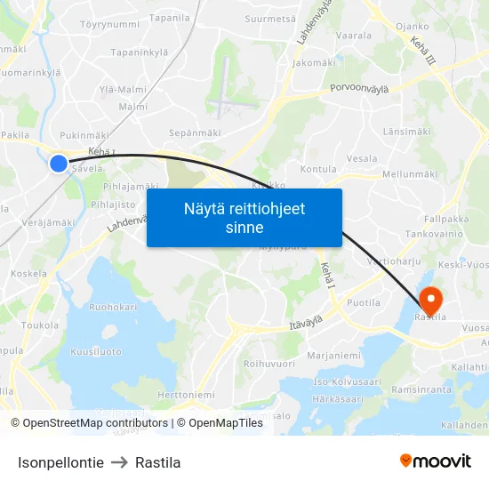 Isonpellontie to Rastila map