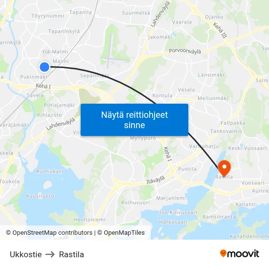Ukkostie to Rastila map
