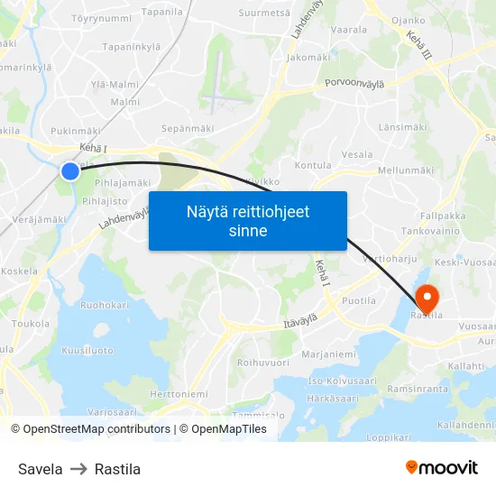 Savela to Rastila map