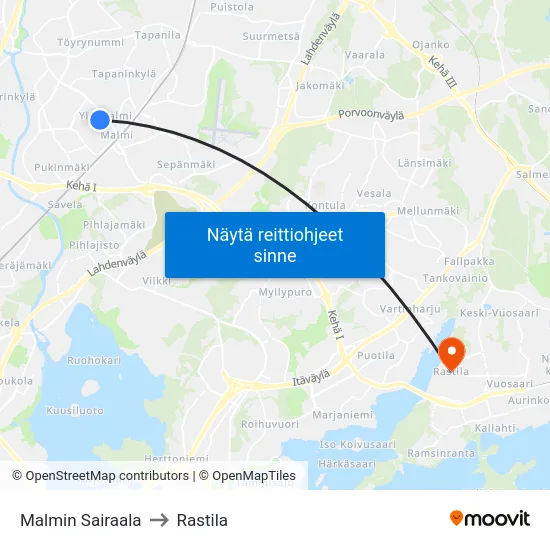 Malmin Sairaala to Rastila map
