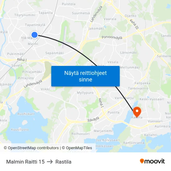 Malmin Raitti 15 to Rastila map