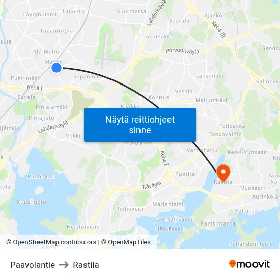 Paavolantie to Rastila map