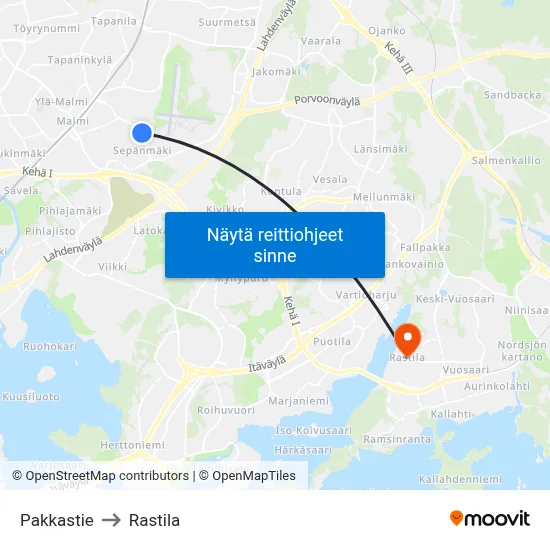 Pakkastie to Rastila map