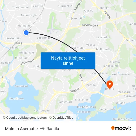 Malmin Asematie to Rastila map