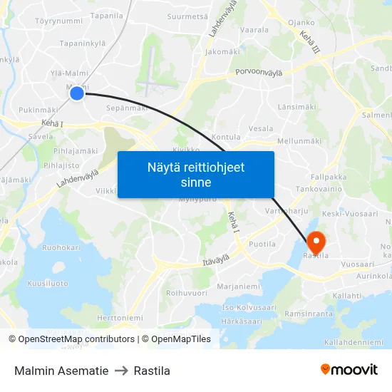 Malmin Asematie to Rastila map