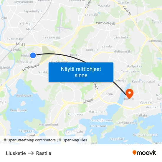 Liusketie to Rastila map