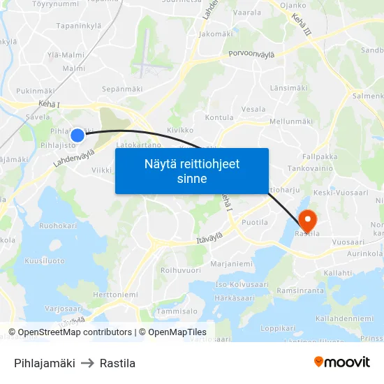 Pihlajamäki to Rastila map