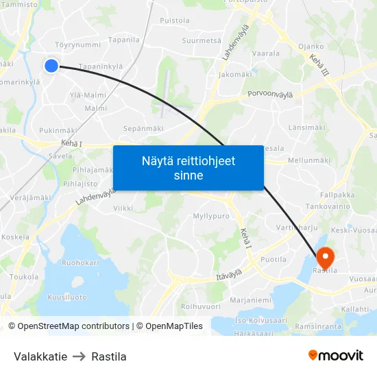 Valakkatie to Rastila map
