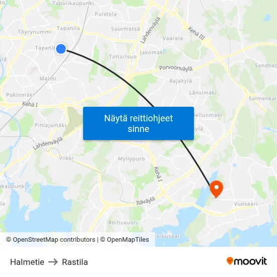 Halmetie to Rastila map