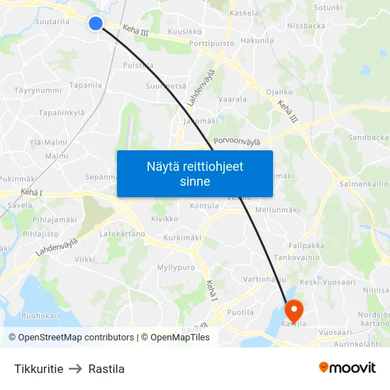 Tikkuritie to Rastila map