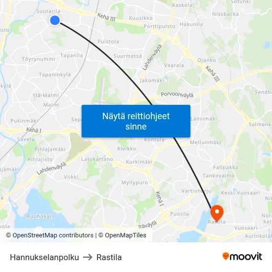 Hannukselanpolku to Rastila map