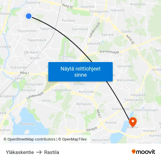 Yläkaskentie to Rastila map