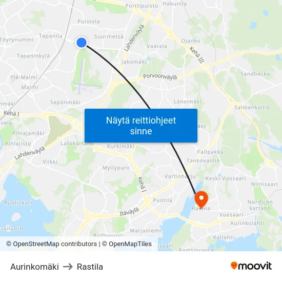 Aurinkomäki to Rastila map