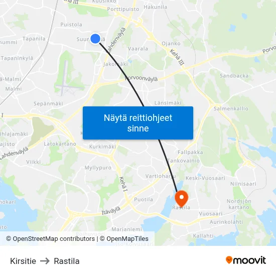 Kirsitie to Rastila map