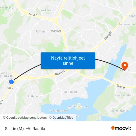 Siilitie (M) to Rastila map