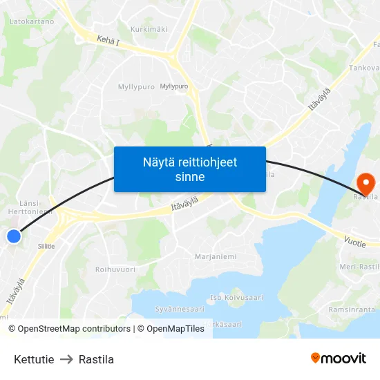 Kettutie to Rastila map