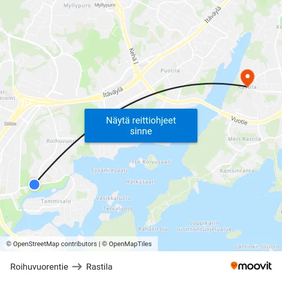 Roihuvuorentie to Rastila map