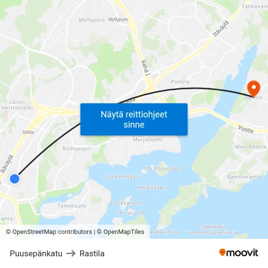 Puusepänkatu to Rastila map