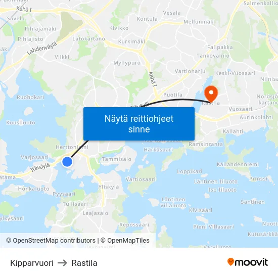 Kipparvuori to Rastila map