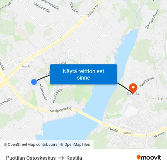 Puotilan Ostoskeskus to Rastila map