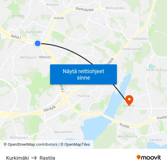 Kurkimäki to Rastila map