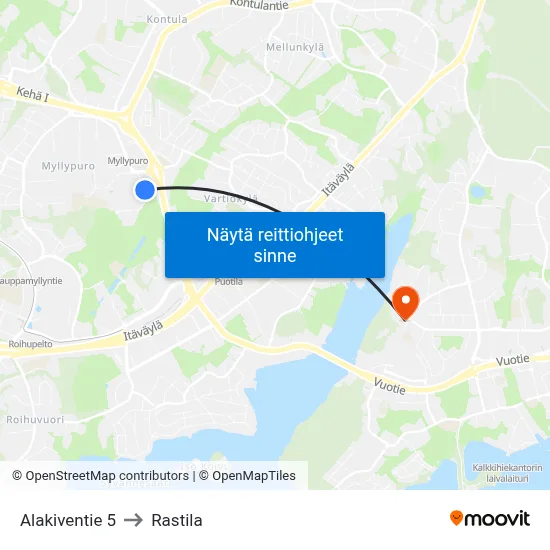 Alakiventie 5 to Rastila map