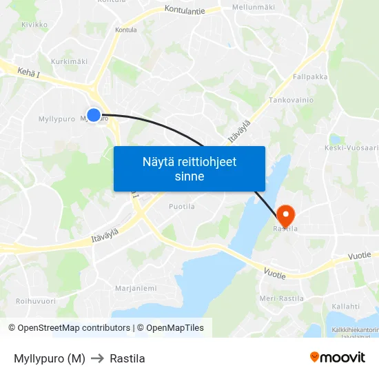 Myllypuro (M) to Rastila map