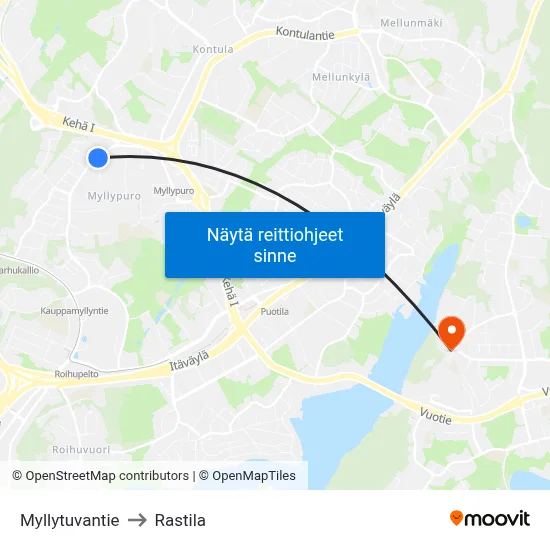 Myllytuvantie to Rastila map